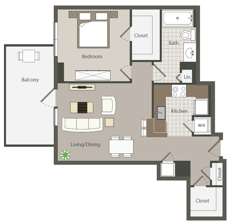 Floor plan for 1 bed, 1 bath, 658 sqft